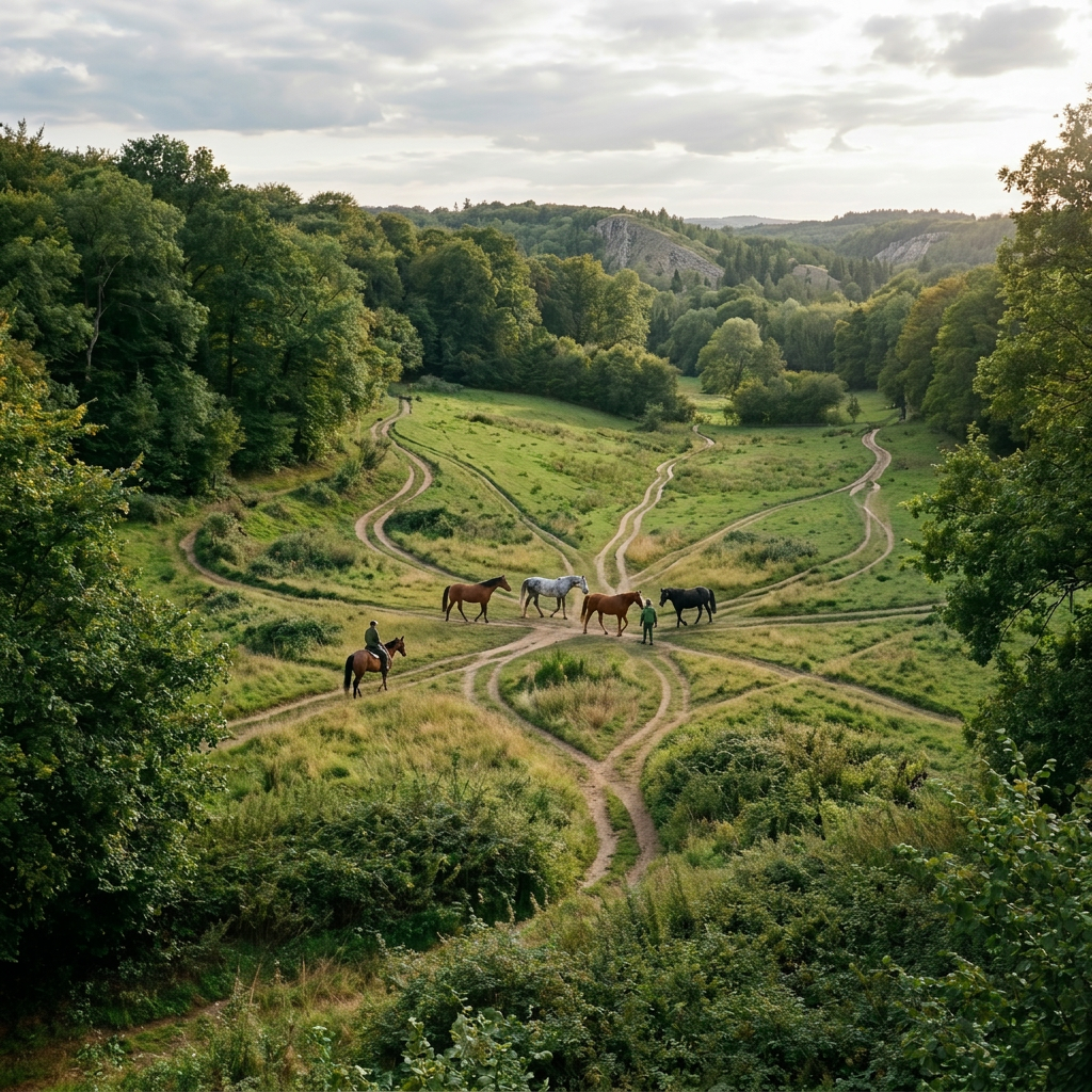 Four horses and a handler inside a circular fenced paddock in a green valley with surrounding wooded hills and winding paths